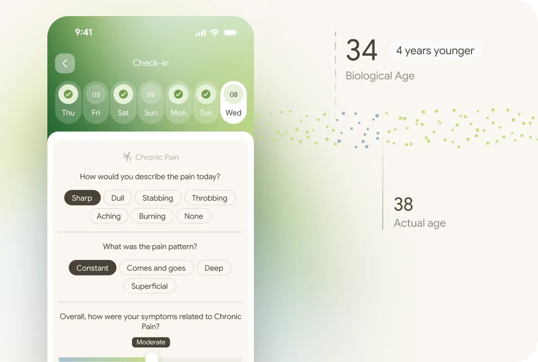 A daily chronic-pain check-in in the Octo app beside a biological age reading
